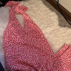 Red and cream floral halter midi dress